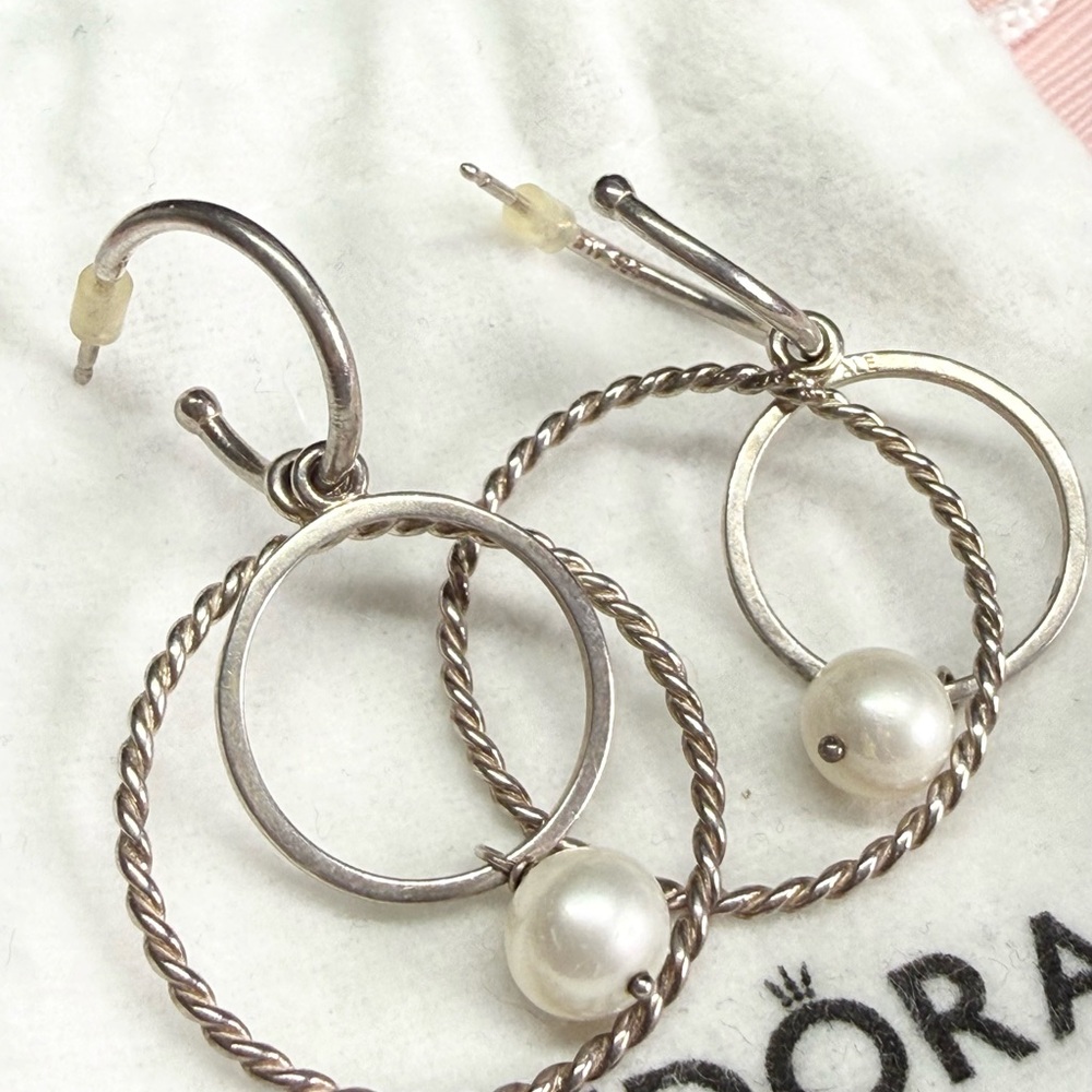 Pandora Retired/Vintage 3 Piece Compose Silver Earrings with Pearls - Picture 4 of 7